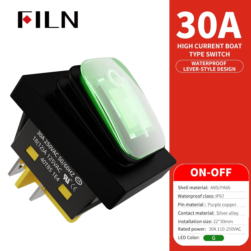 FILN 30A/220V Heavy Duty 4 Pin DPST IP67 Sealed Waterproof T85 Auto Boat Marine Toggle Rocker Switch with LED 12V 220V 30x22