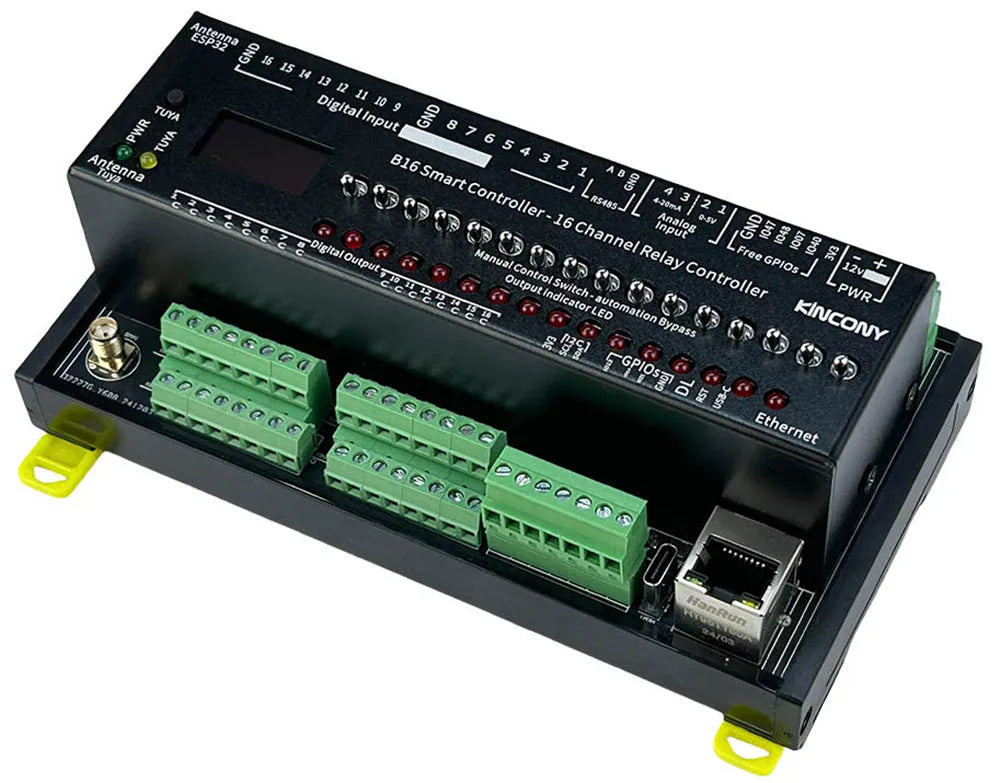 Kincony B16 ESP32-S3 Smart Controller 16CH Relay Output 7CH 1-Wire GPIOs 4CH ADS1115 Analog Input ESPHome Tasmota Tuya SD Card