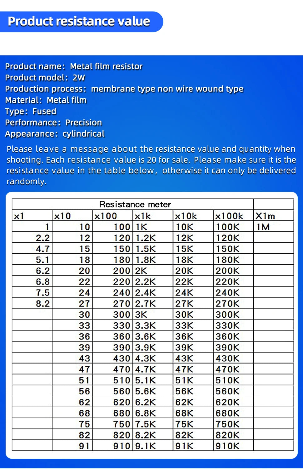 20PCS 2W 1% Metal Film Resistor 2W 1Ω - 4.7MΩ 1 4.7 10 47 100 200 220 300 330 470 680 910 1K 2.2K 4.7K 10K 15K 100K 470K 1M ohm