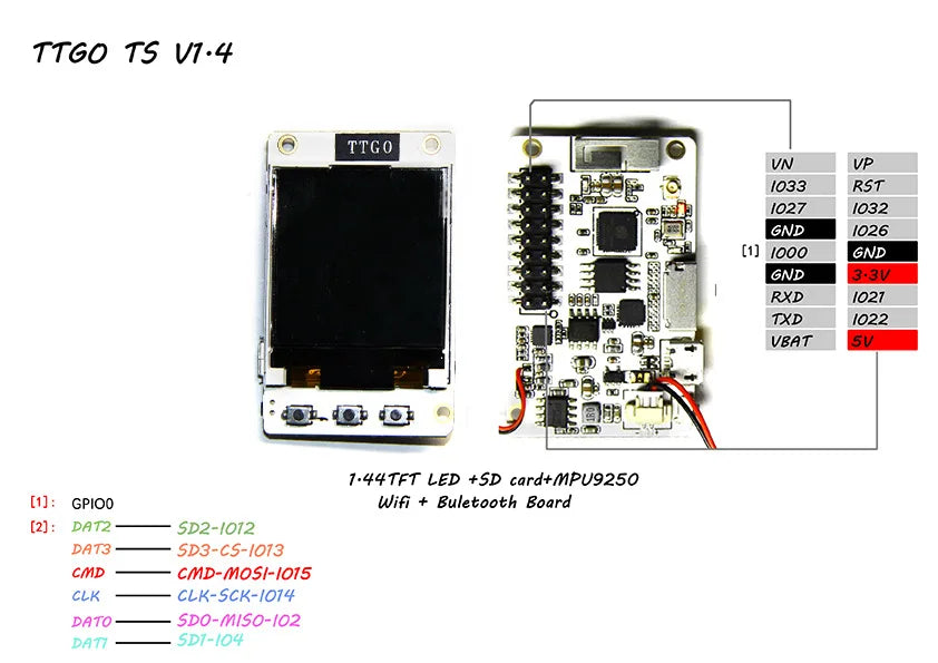 ESP32 TTGO TS V1.4 WiFi Bluetooth Module 1.44 Inch TFT Display MPU9250 Sensor SD Card Slot