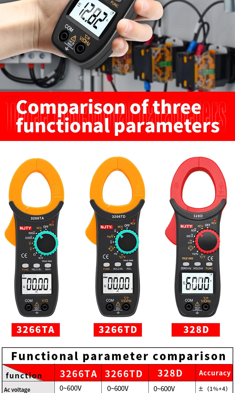 Digital Clamp Meter DC/AC Volt Amp Ohm Diode Multimeter Ammeter Multitester Current Voltage Resistance Tester NCV NJTY 3266TA