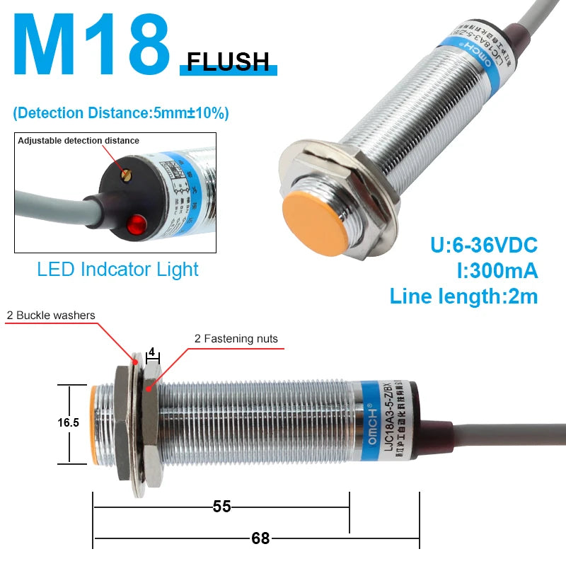 OMCH Capacitive Proximity Sensor LJC 12 18 30MM Detection Distance 2/5/10/20MM PNP NPN NO NC Cylindrical Proximity Sensor Switch
