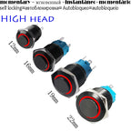 High Head 12/16/19/22mm Black Shell Car Dashboard Waterproof Metal Button Switch LED 12V/24V/220V Self-locking Fixed Momentary