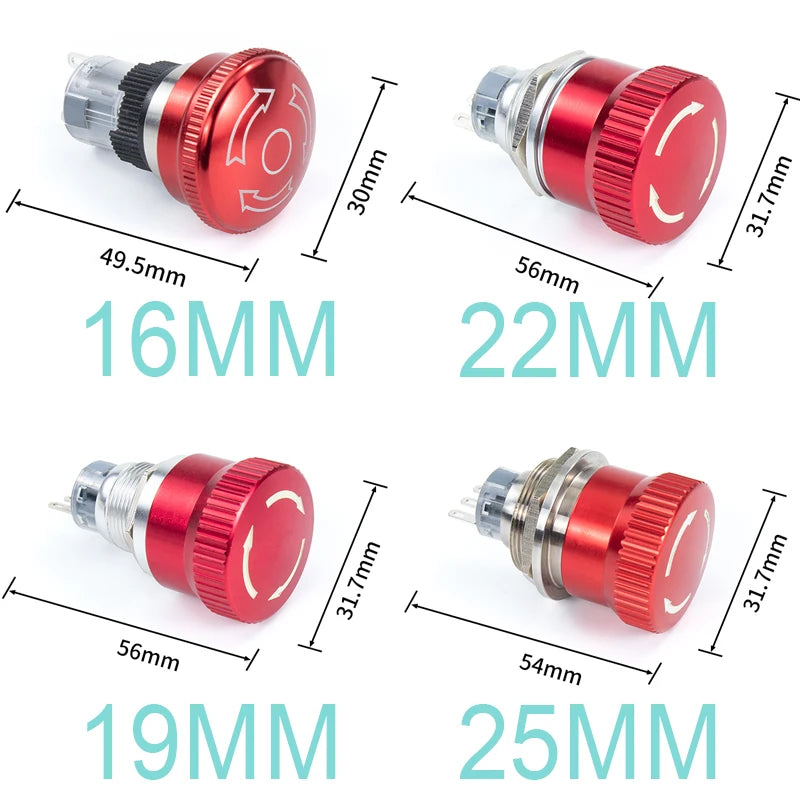 Metal Emergency Stop Push Button Switch Latching 12V-250V Stainless Steel Red Mushroom 16 19 22 25MM 1NO1NC Momentary