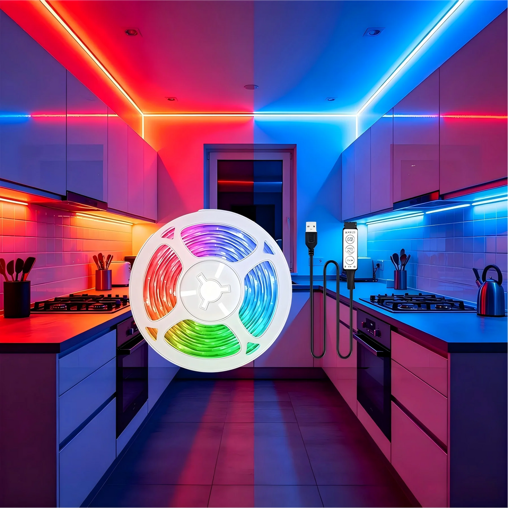 5V RGB light strip with 3-button control, USB powered, suitable for game rooms, living rooms, bedrooms, and holiday decorations.