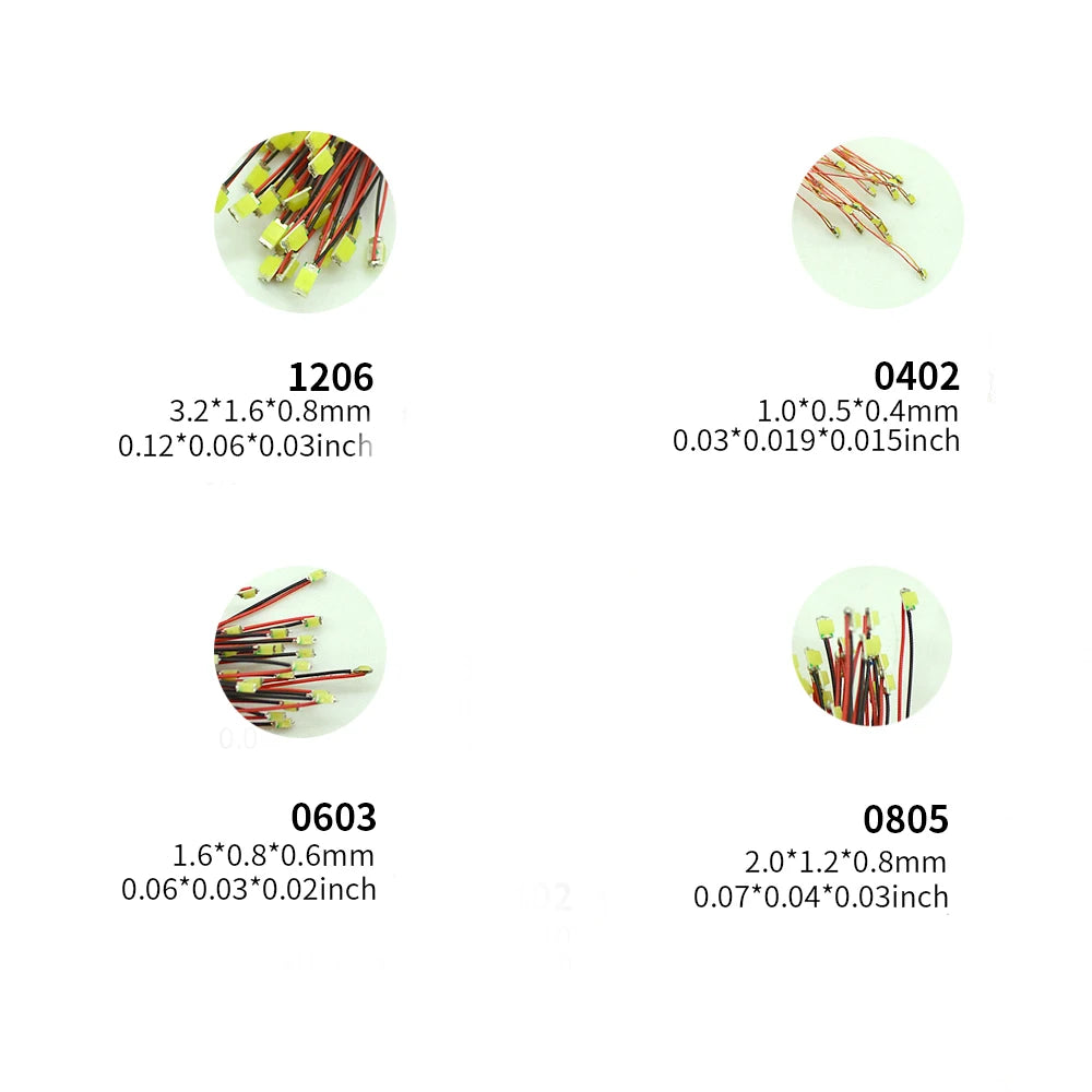 20pcs 0402/0603/0805/1206 SMD LED Model Lamp Wired Micro Led Pre-soldered Micro Litz Wired Chip 30cm 3V Railway Model Scenes