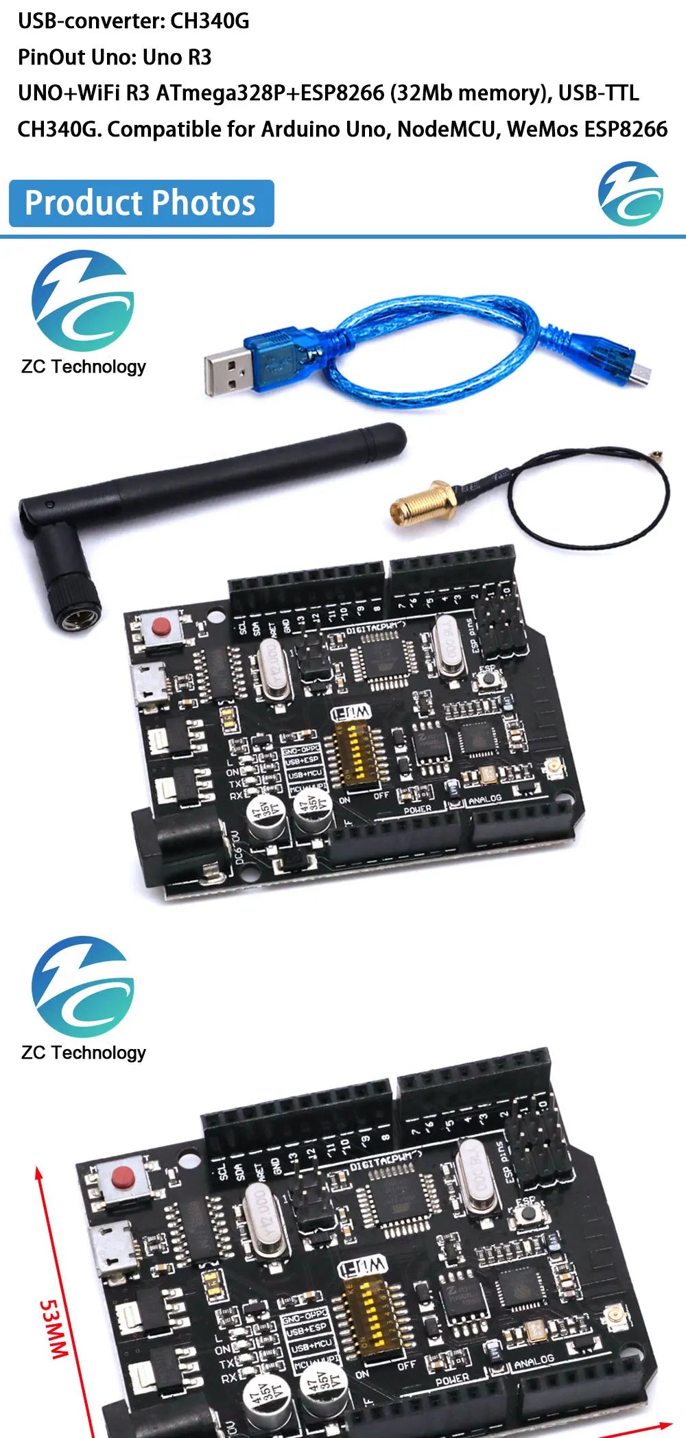 UNO+WiFi R3 ATmega328P+ESP8266 CH340 (32Mb memory) 6V-9V USB-TTL CH340G For Arduino NodeMCU WeMos One Development board
