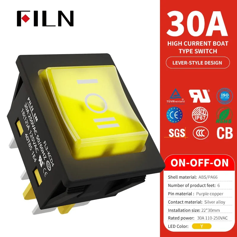 30A/250V Heavy Duty 4 Pin DPST IP67 Sealed Waterproof T85 Auto Boat Marine Toggle Rocker Switch with LED 12V 220V 30x22