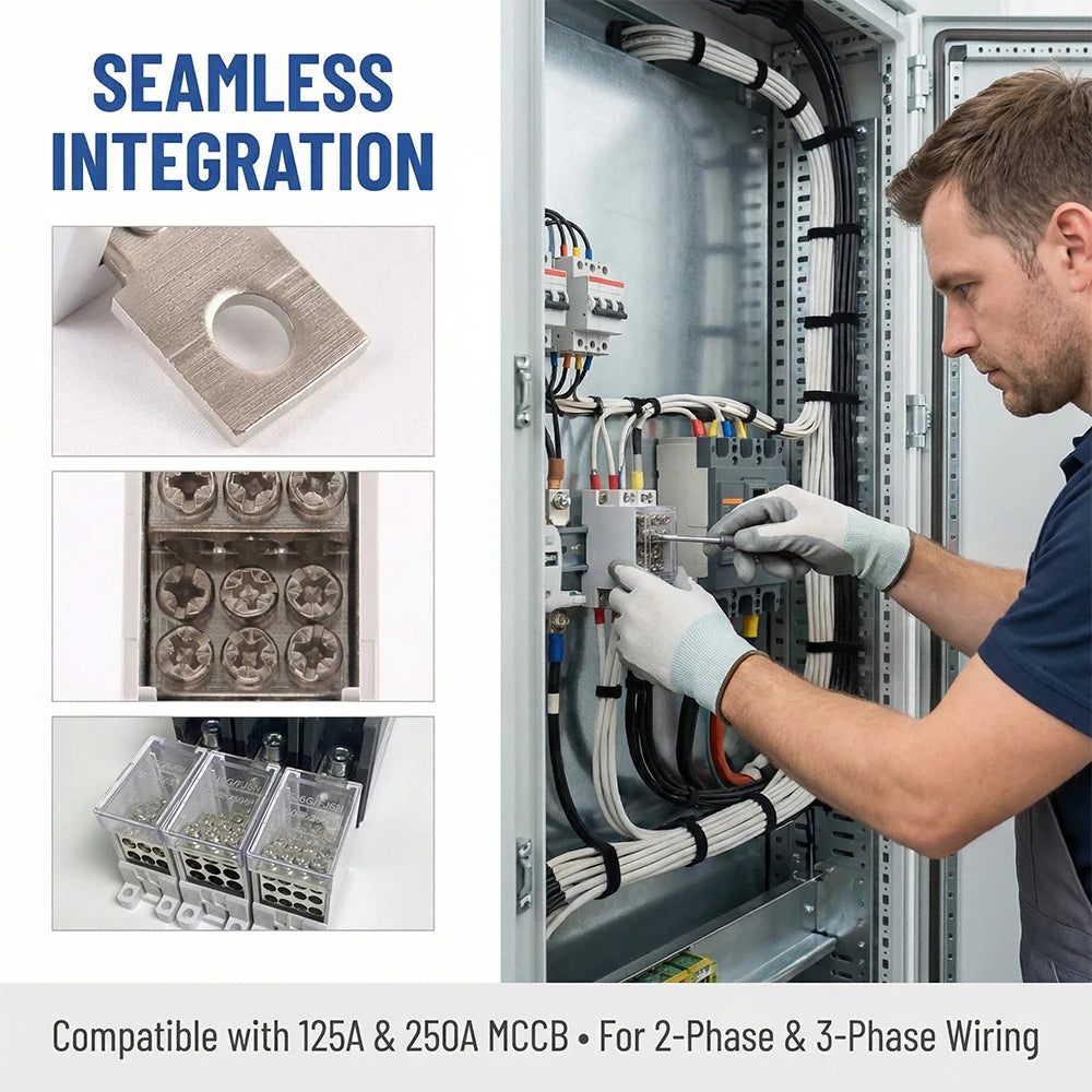 125A/250A Din Rail Terminal Block Distribution Box, 1 In 4/6 Out Power Junction Box, 10/16mm² Wire Connector for Circuit Breaker