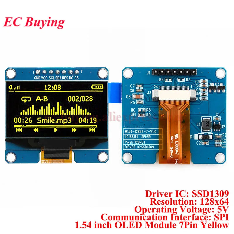 1.54 inch OLED Module 1.54” Display LCD Screen Resolution 12864 128x64 SSD1309 Driver Blue White Yellow 4Pin/7Pin IIC Interface