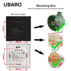 UBARO Eu Wall Touch Switch Luxury Glass Panel Led Indicator Power Light Sensor Button Live Wire Control Switches 1/2/3 Gang