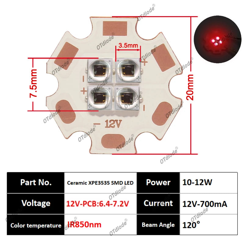 IR LED 10W High Power Chip Infrared 660nm/730/760/810/850/940nm 12W 3535 Bead 2V 4V 8V 700/1400/2800mA For Night Vision Security