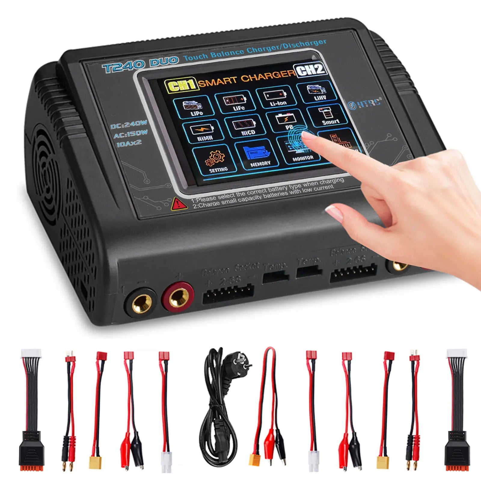 HTRC T240 High Power Battery Charger AC150W DC 240W 10A Dual Channel Touch Screen Lipo Balance Chargers Discharger for RC Models