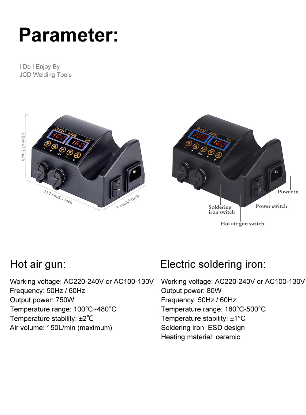 JCD 2-in-1 Soldering Station 750W LCD Digital Display Welding Rework Station for Cell-Phone BGA SMD IC Repair Tools 8898 8586D