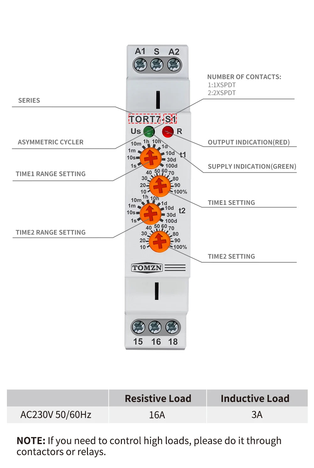 TOMZN TORT7-S1 Timer Relay Asymmetric Cycler Automatic Loop Delay T1-On Time T2-Off Time AC230V 50/60Hz For Traffic Lights