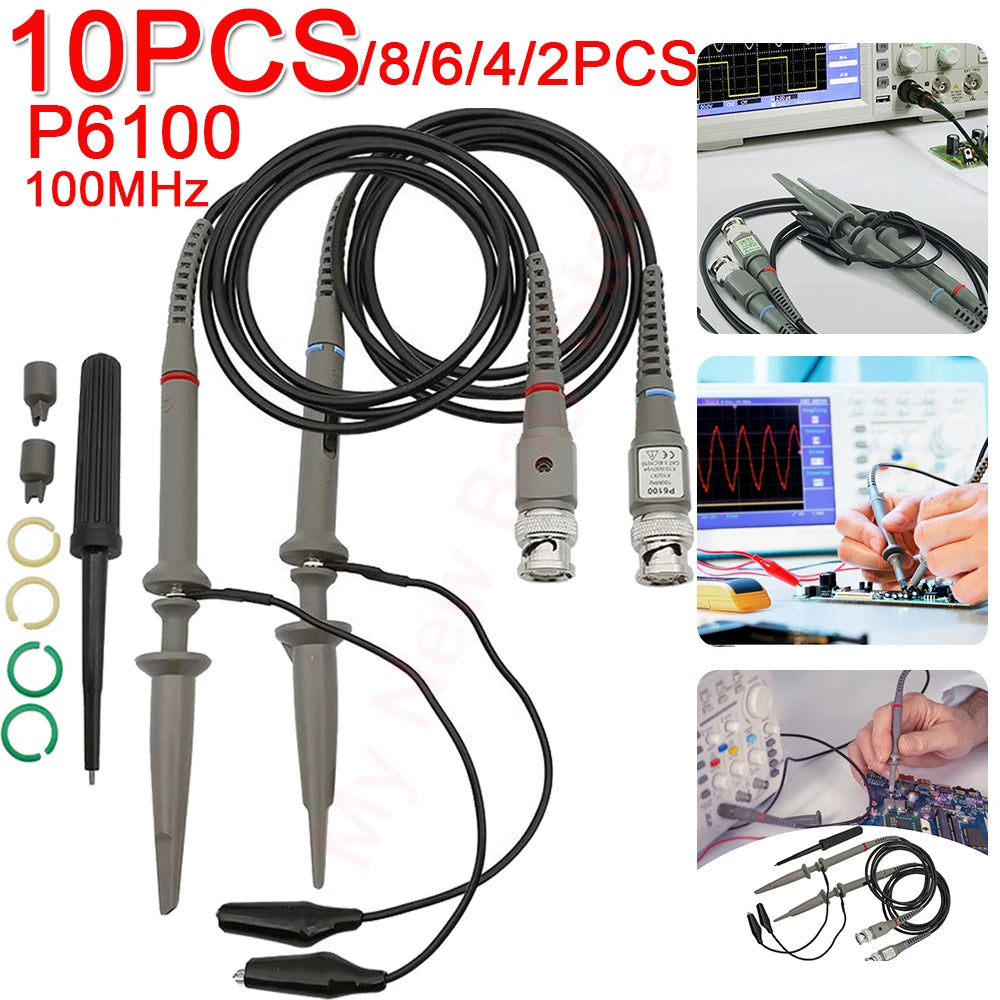 2-10PCS P6100 BNC Oscilloscope Probe Kit High Precision Scope Analyzer Alligator Clip Probes Test Leads 100MHz Oscilloscope Part