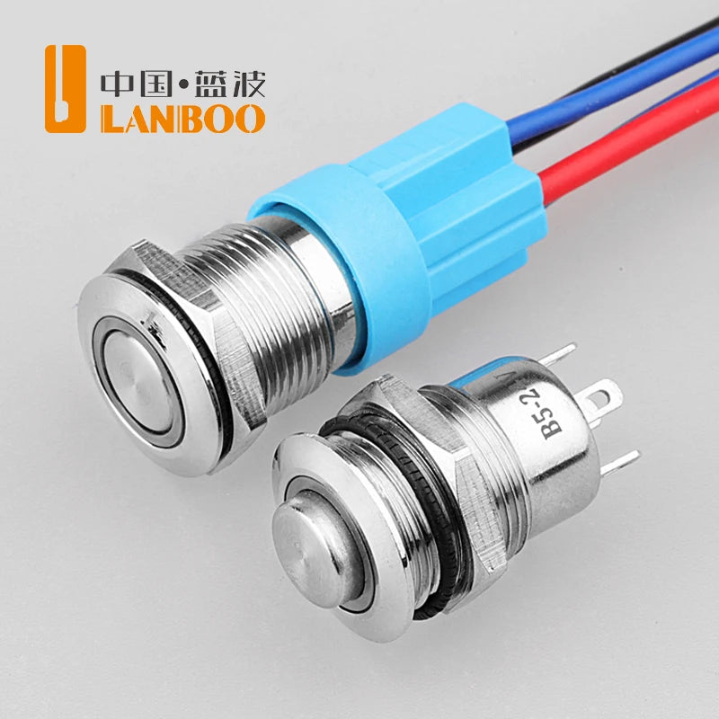LANBOO 12mm Economy Mini Metal Push Button Switch 1NO Ring/Power Illumination Momentary or Latching