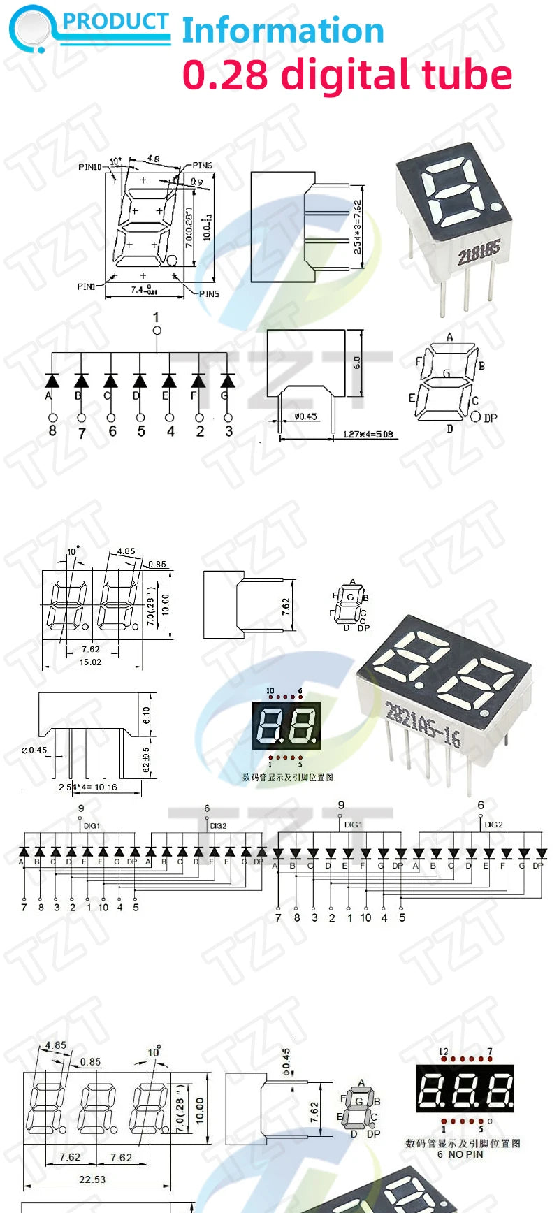 TZT 0.28/0.36/0.4/0.56 inch LED display 7 Segment 1/ 2 / 3 / 4 Bit Digit Tube Red Common Cathode / Anode Digital led 7segment