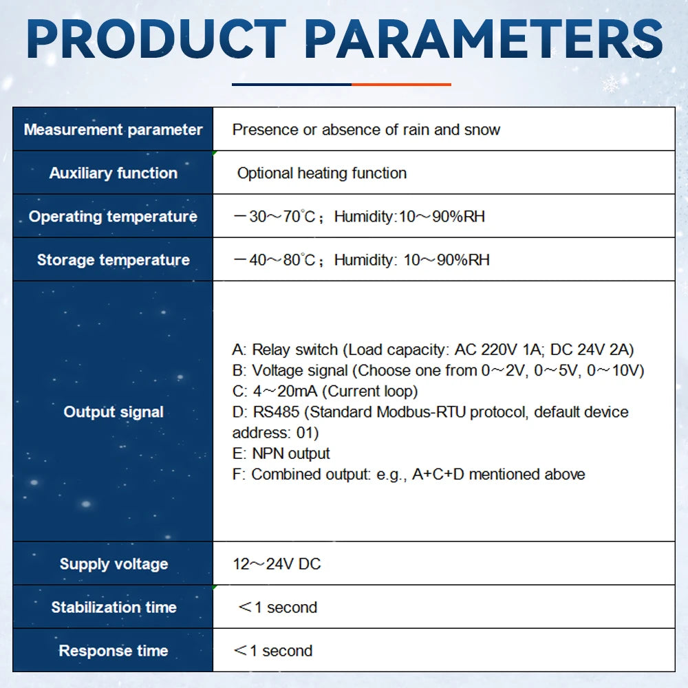 Rain and Snow Sensor Transmitter IP65 Output RS485 0-2V 0-5V 0-10V 4-20mA Weather Induction Detection Heating Anti-icing