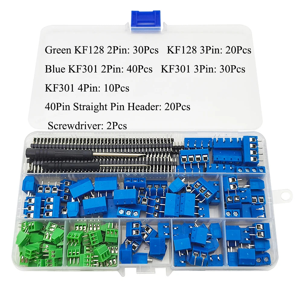 1Box KF128 KF301 PCB Screw Terminal Block Connector Kit 2.54mm 5mm Pitch 2Pin 3Pin 4Pin with Pin Header Screwdriver