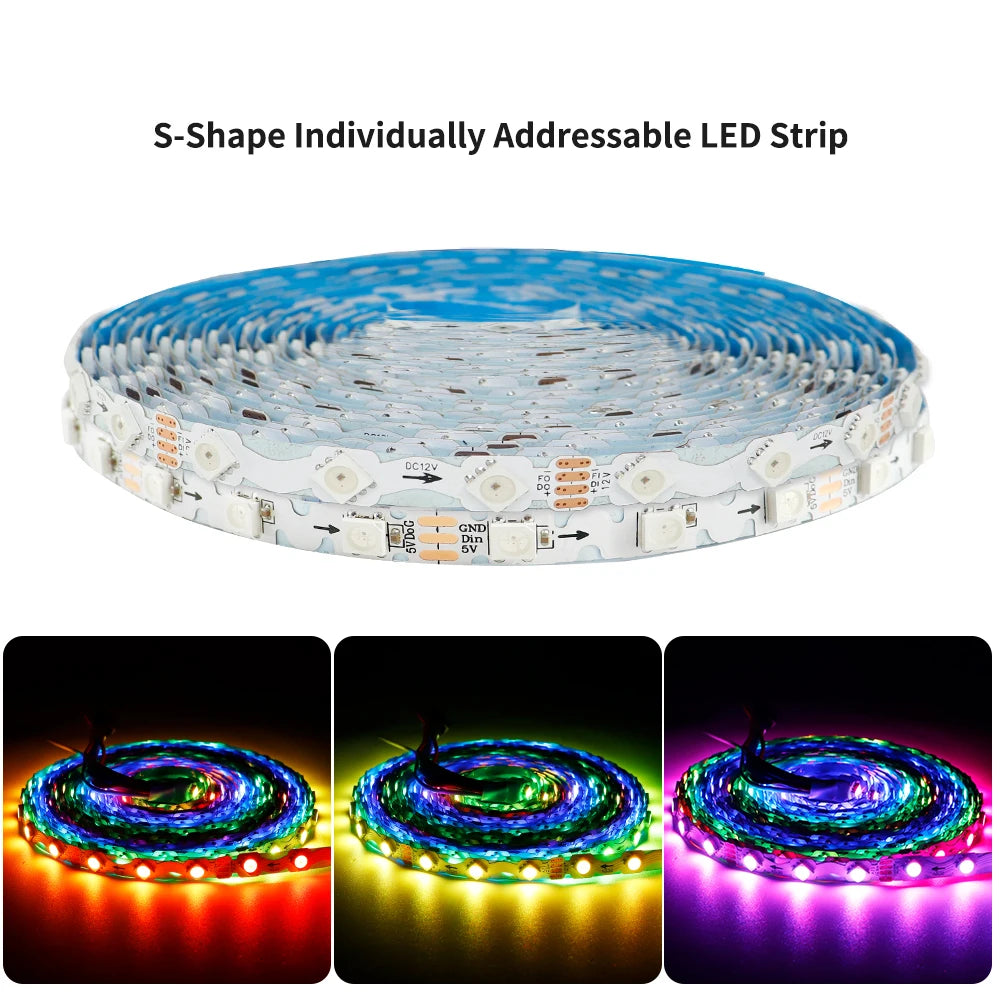 WS2812B WS2815 S-Shape Individually Addressable LED Strip Light 60LEDs/m Smart RGBIC Dream Color S Bendable 8mm Pixels Tape Bar