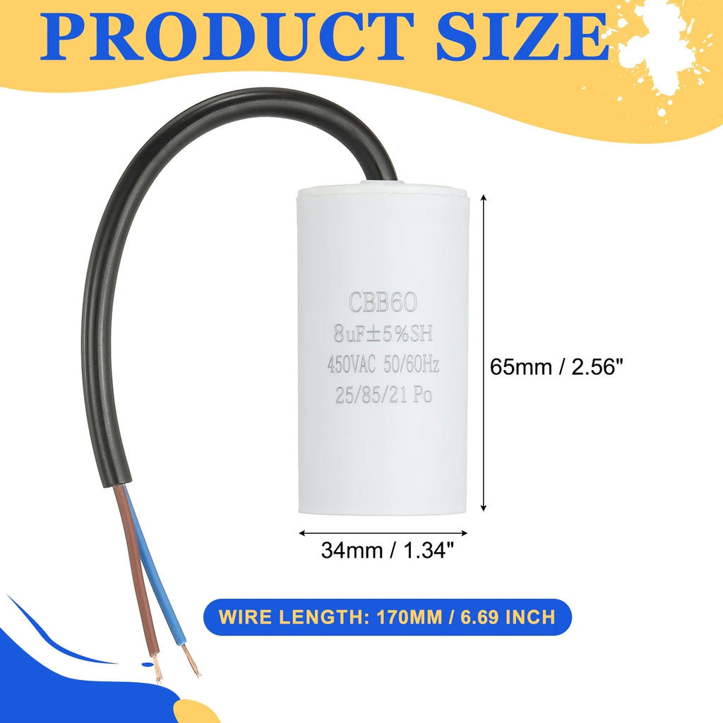 1Pcs CBB60 Run Capacitor 3uf-100uf 450V AC 2 Wires 50/60Hz Cylinder White for Air Compressor Water Pump Motor