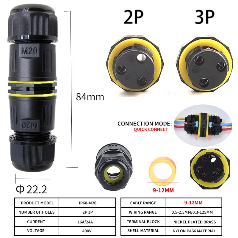 IP68 M16 M20 M25 Male Female Docking Connector Waterproof 2/3/4/5 Pin Terminal Electrical Wire  Cable Connector For Outdoor