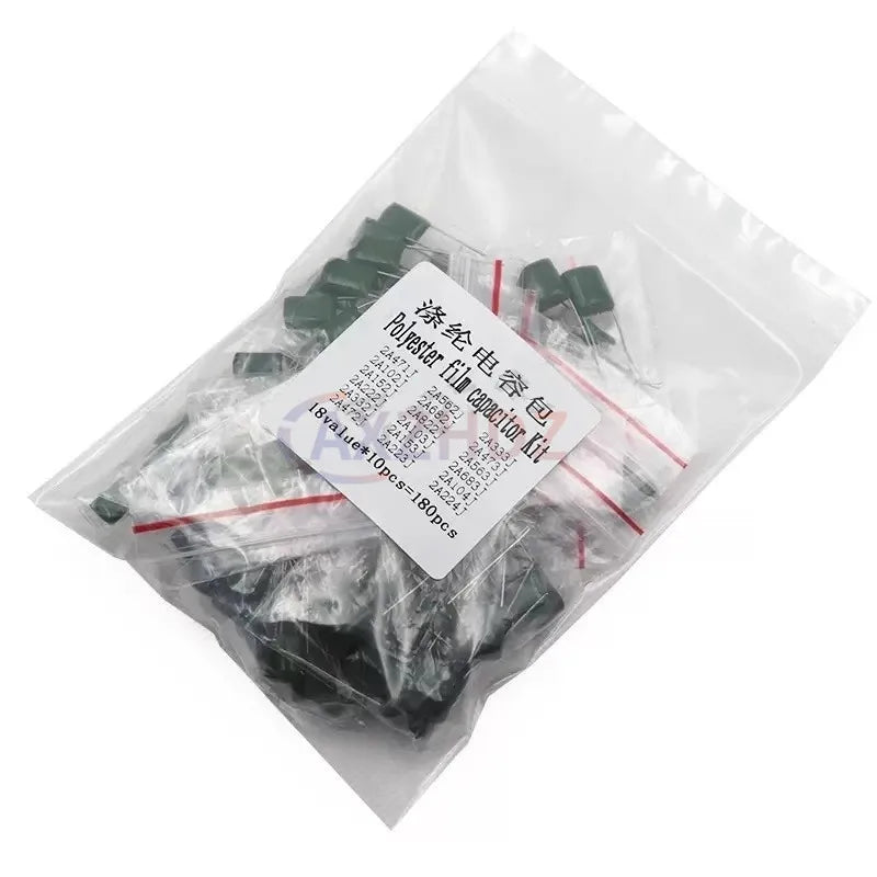 180PCS Polyester Film Capacitor Kit 100V 1nF 1.5nF 2.2nF 100nF 2A102J 2A471J 2A222J 2A392J 2A332J 2A472J 2A103J 2A473J 2A563J