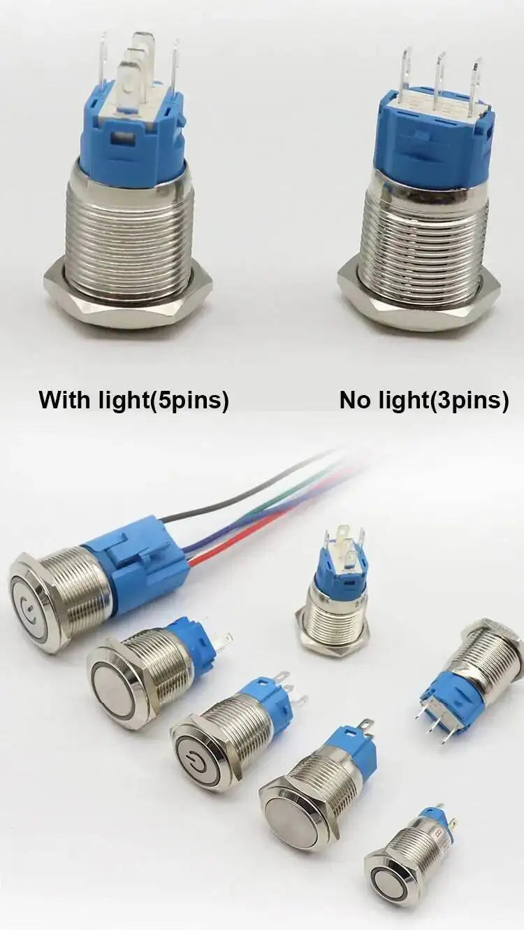 5pcs 12/16/19/22mm Metal Push Button Switch Power Waterproof IP65 Flat Circular Round LED Light Self-lock Reset 6V 12V 24V 220V