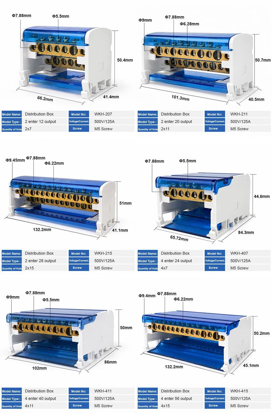 WKH-207/211/215/407/411/415 DIN Rail Distribution Block Multiple Input Output Screw Terminal Electrical Power Junction Box