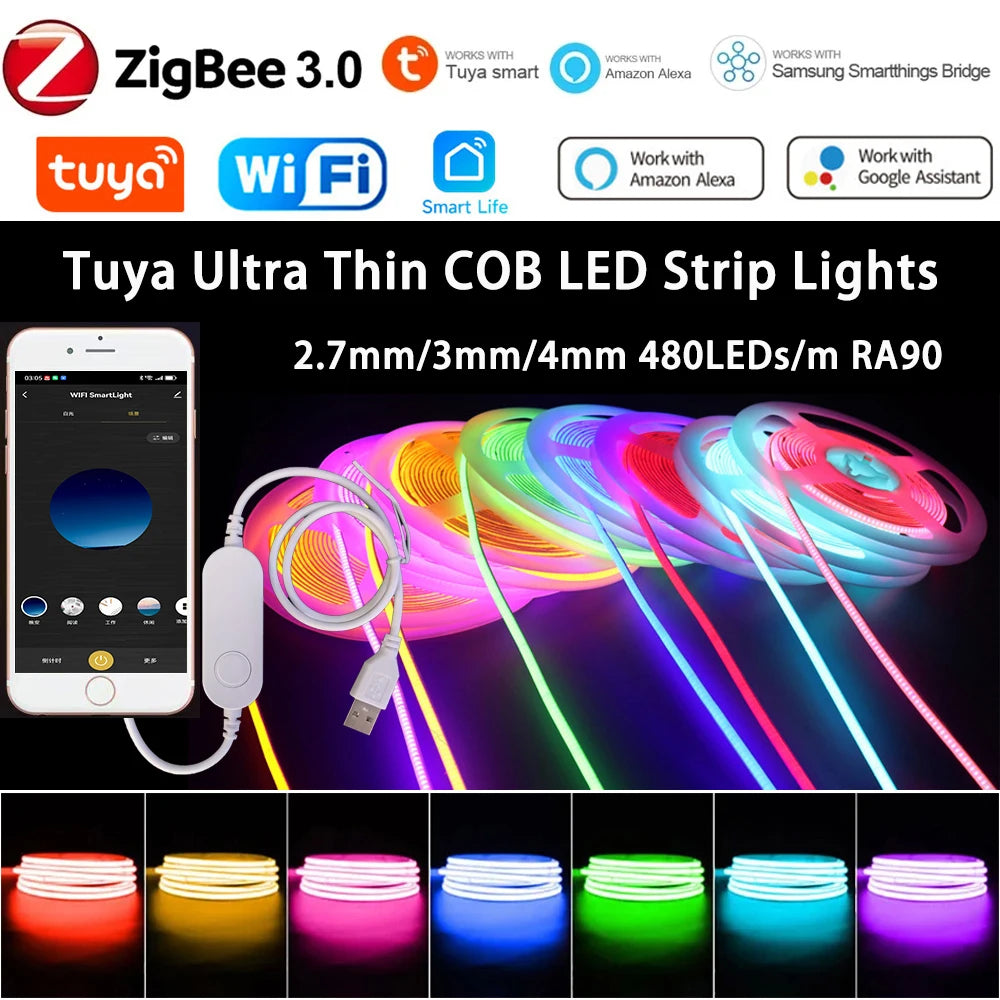5V USB Tuya WiFi Tuya Zigbee 3mm 4mm Ultra Thin COB LED Strip Lights for Home Decor DIY Blue/Pink/Purple High Density LED Tape