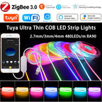 5V USB Tuya WiFi Tuya Zigbee 3mm 4mm Ultra Thin COB LED Strip Lights for Home Decor DIY Blue/Pink/Purple High Density LED Tape
