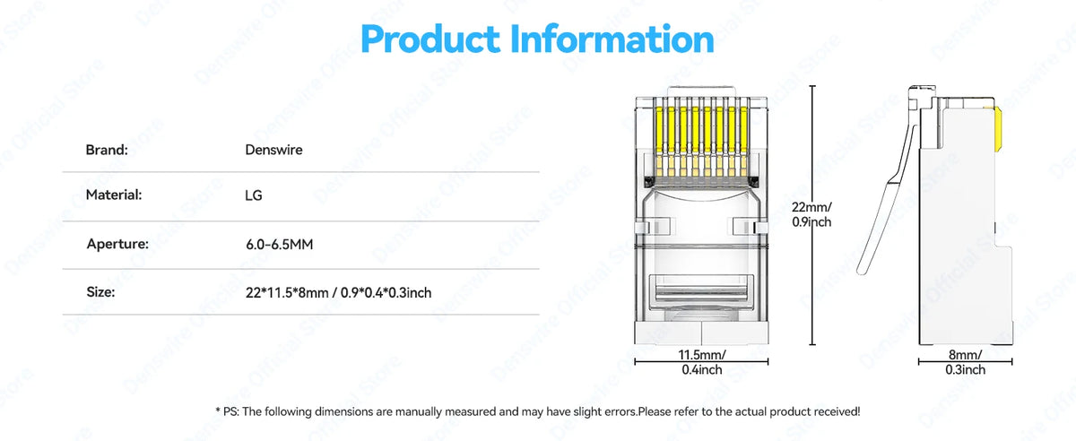 Denswire 100PCS CAT6a Cat6 Pass Through 8P8C RJ45 Modular Plug Network Connectors UTP/STP 30μ Gold-Plated Hole End Crystal Head