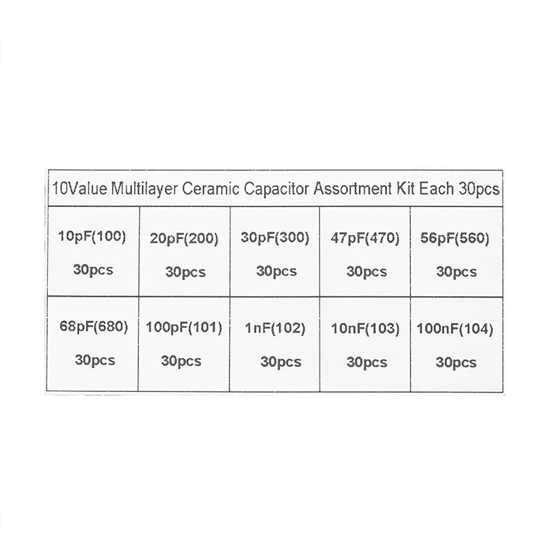 300PCS 10Value 50V 10pf 20pf 30pf 47pf 56pf 68pf 100pf 1nf 10nf 100nf Multilayer Ceramic Capacitor Assortment Kit