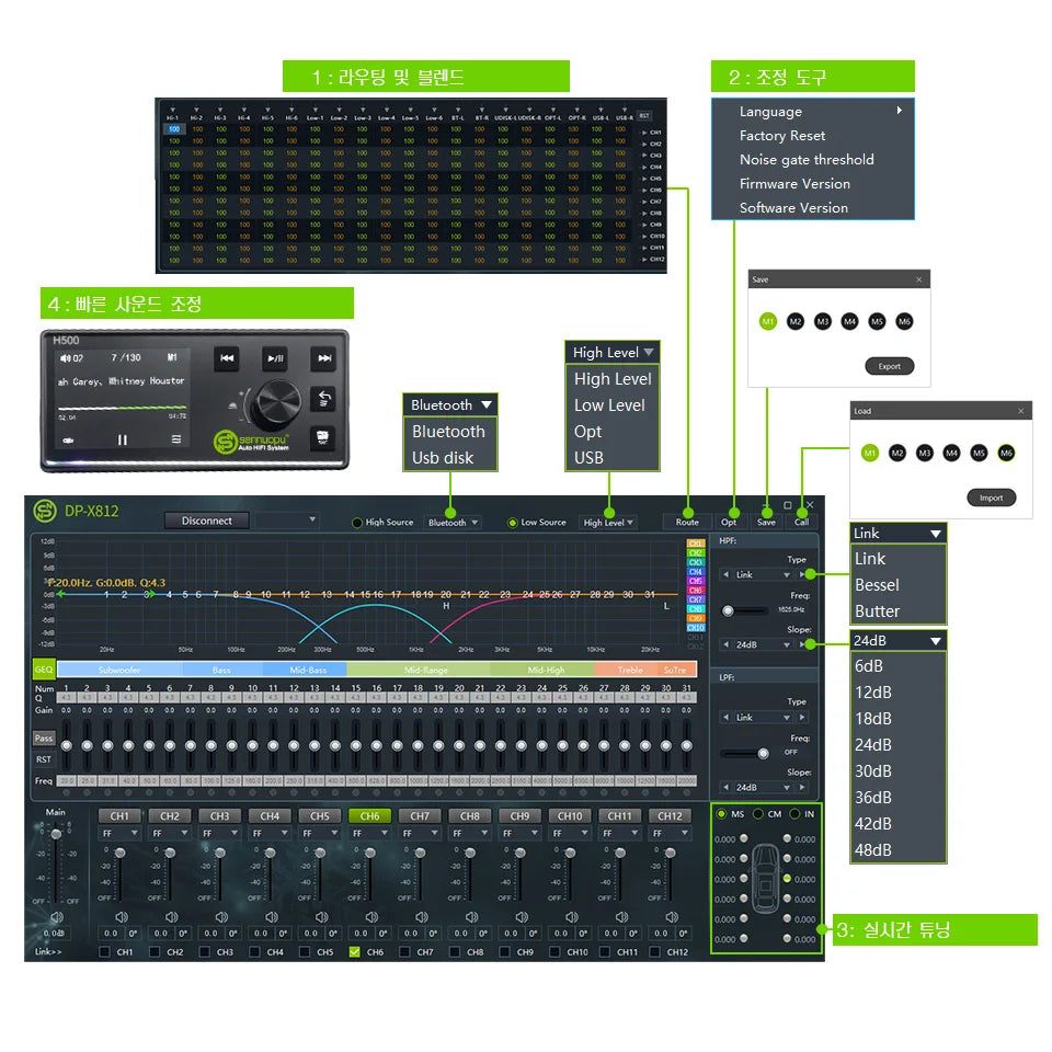 Sennuopu 12 Channels Digital Sound Processors DSP 8 Channels 50 Watts RMS Power Audio Amplifier with Bluetooth Player H612