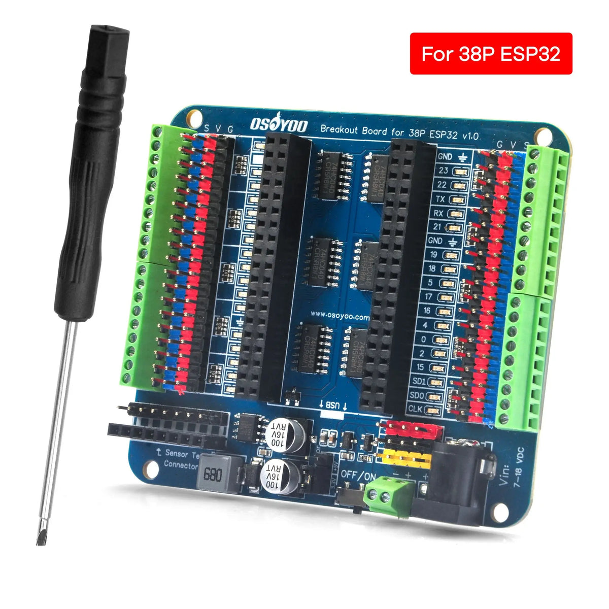 OSOYOO Breakout Board for 30-Pin or 38-Pin ESP32-WROOM/WROVER & ESP8266 NodeMCU, Not for ESP32-C/S/H/P Series