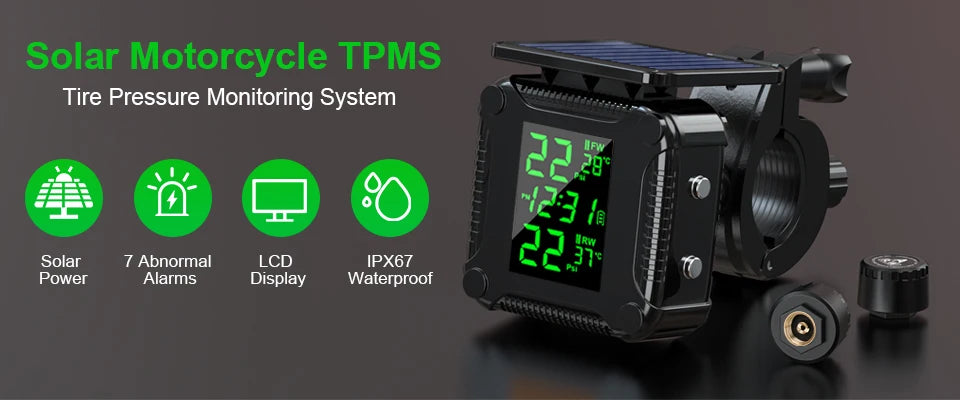 Extractme Tire Pressure Monitoring System Colorful Display Wireless TPMS Motorcycle Solar Charge Tyre Temperature Alarm Sensor