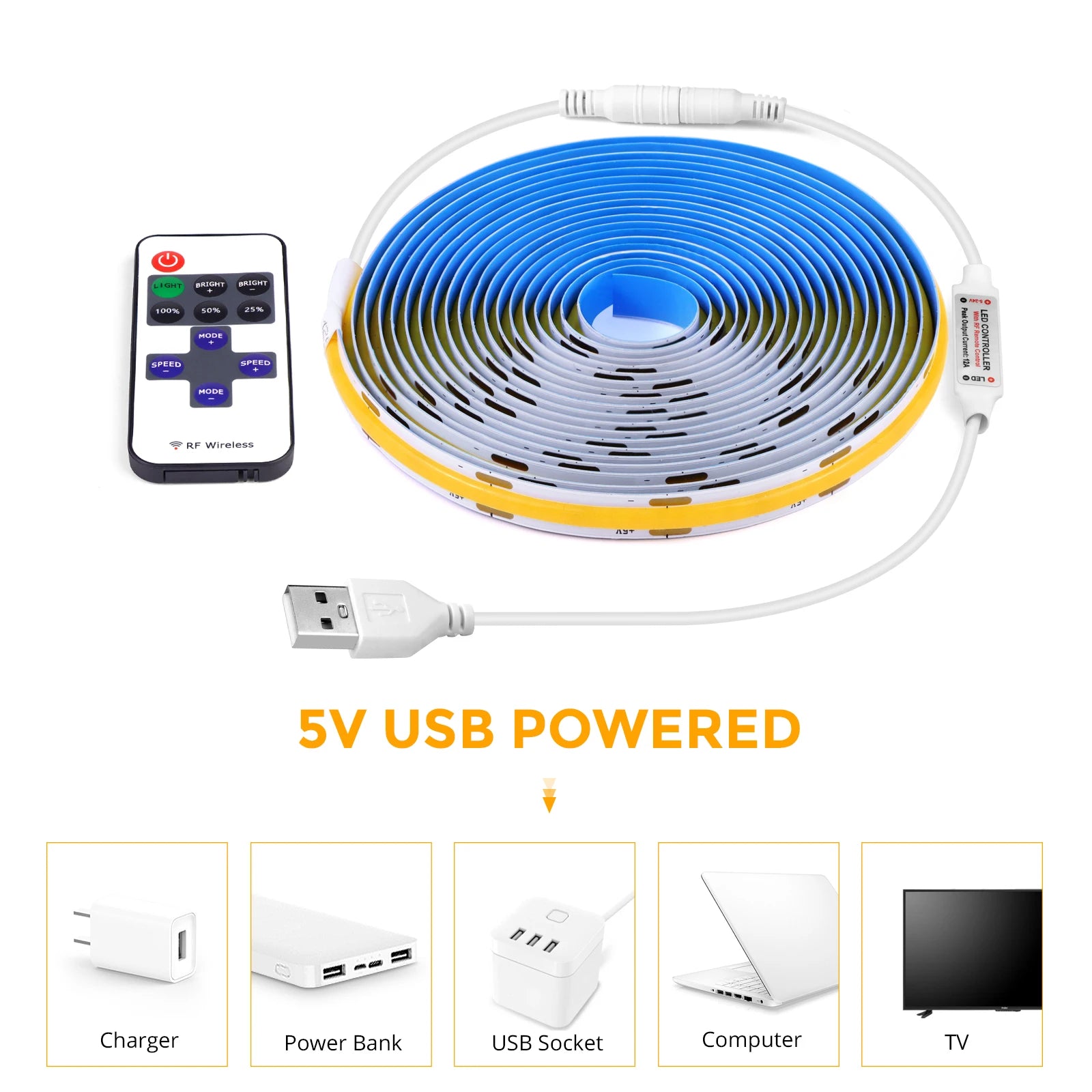 DC5V COB LED Strip with Dimmable Remote Control 2/3/5M White/Warm White COB Strip Light For Indoor Home Cabinet Decor Lighting