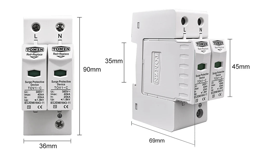 TOMZN AC SPD 2P House Surge Protector Protection Protective Low-voltage Arrester Device 10-20kA 20-40kA 30-60kA 275V 385V 420V