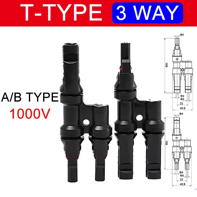 MC4 Solar Connector T Type Y Branch PV Panel Parallel Connection Waterproof IP67 Male Female 2Pcs Solar Cell Plug