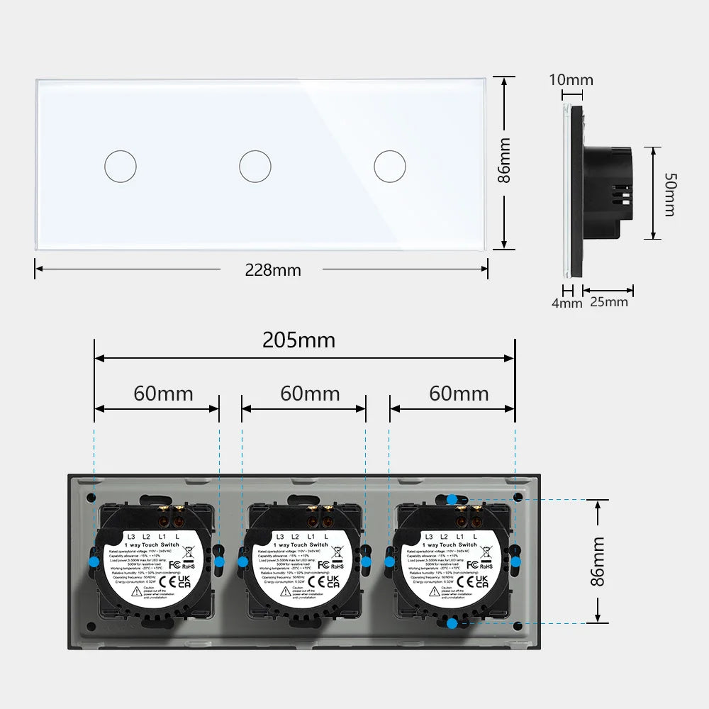 TAWOIA EU Triple 1/2/3/4 Gang 1/2 Way Wall Touch Light Switch 228mm Waterproof Backlight Sensor On/Off Switches