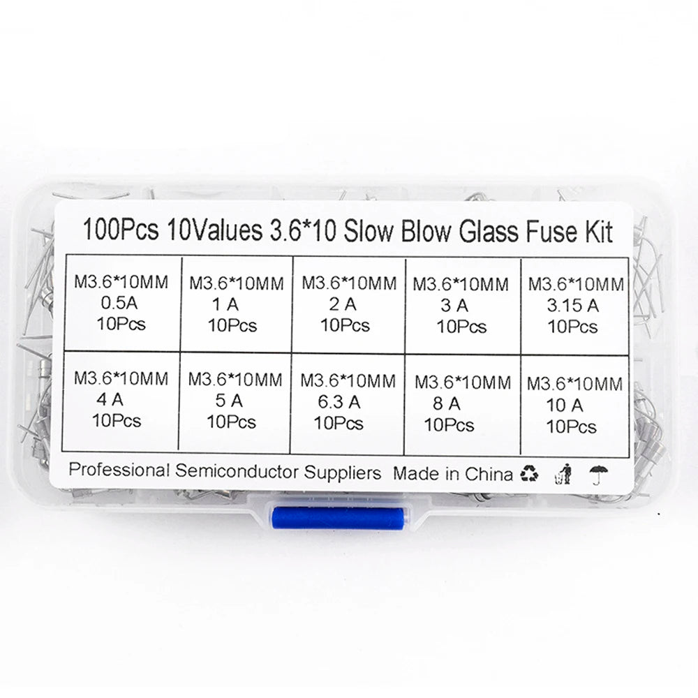 Axial Lead Glass Fuse Assortment Kit 100PCS 10 Sizes 3.6*10mm 0.5A 1A 2A 3A 5A 8A 10A 250V Slow Blow Fuse Tube For PCB Repair