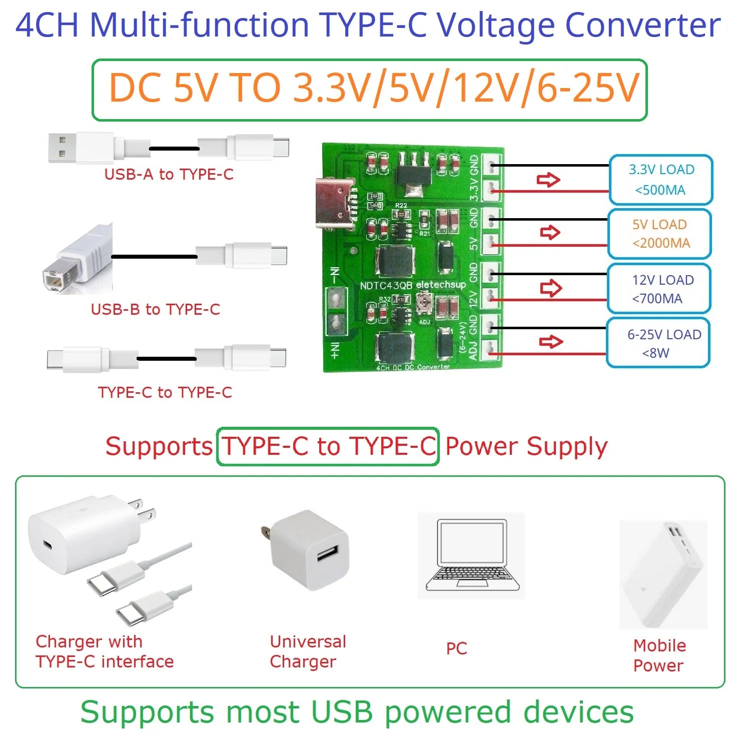 4CH 20W 3.3V 5V 12V ADJ TYPE-C Voltage Converter DC-DC Boost LDO Buck Power Supply for Arduino ESP8266 Raspberry Pi Breadboard