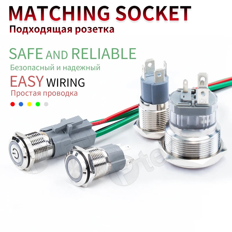 15A 16/19/22/25mm Waterproof Metal Push Button Switch LED Light Momentary Latching Car Engine Power Switch 3~220V silver1NO