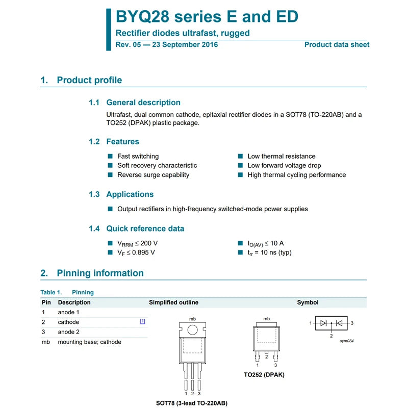 10PCS BYQ28ED-200 Code Q28E20 BYQ28ED TO-252 Fast Recovery/High Efficiency Diode