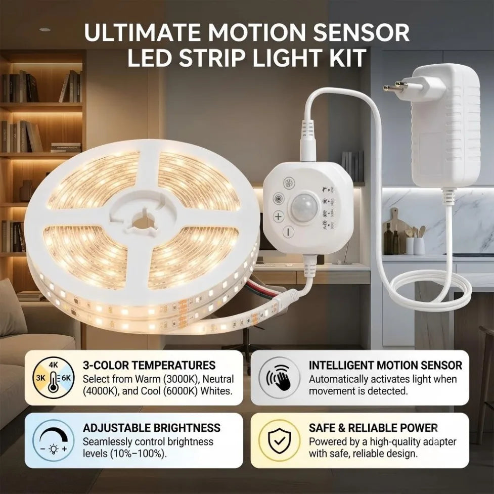 DC24V Flowing Water SMD LED Strip with Motion Sensor US/EU Plug Kit for Stair Corridor Entrance Wardrobe Cabinet Bedroom Light