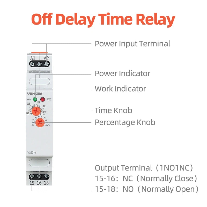 VENGIM Off Delay Time Relay 220V Or AC/DC12V-240V Timer Switch By Din Rail