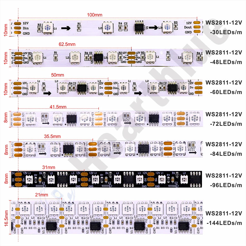 WS2811 Magic Color RGB LED Strip SMD5050, DC12V. Addressable, 30/48/60/84/96 LEDs. External: 1 Control IC Controls 3 Lighting LE