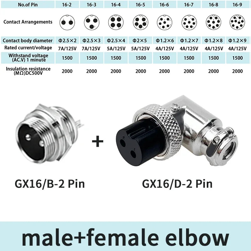 5/10 Sets GX16 2/3/4/5/6/7/8/9 Pin Aviation Connector Male Female 90 Degree Right Angle M16 Circular Cable Plug Socket