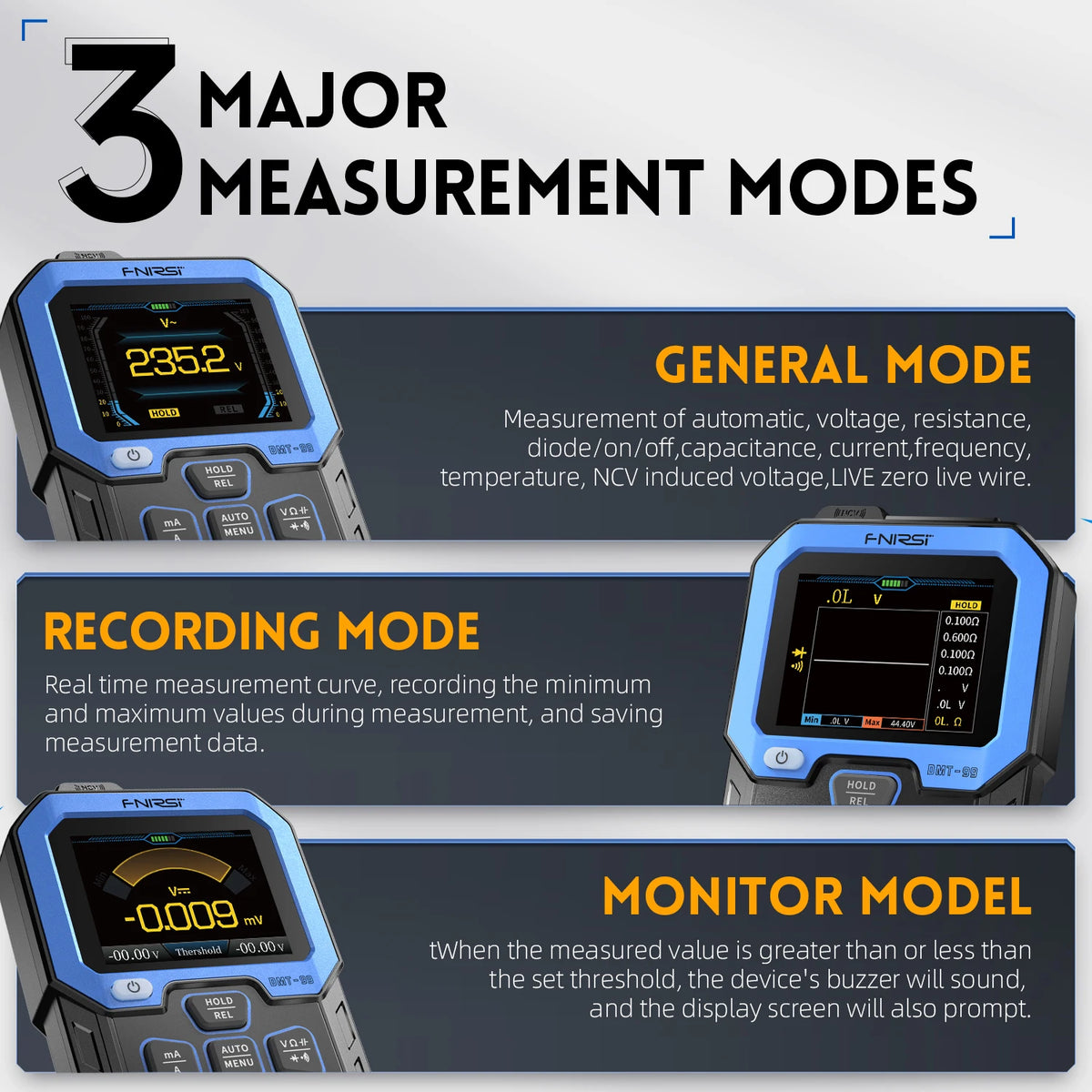 FNIRSI DMT-99 Digital Multimeter 9999 Counts Smart Professional Tester 1000V 10A True RMS Auto Range AC DC Ohm Hz Capacitance